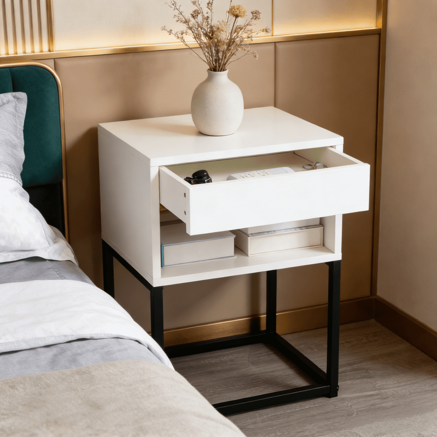 Gewnee 15.91"Small Nightstand with Drawer and Storage Shelf,MDF Wood Side Table with Metal Legs for Small Spaces,End Table for Bedroom,Living Room,Office.White