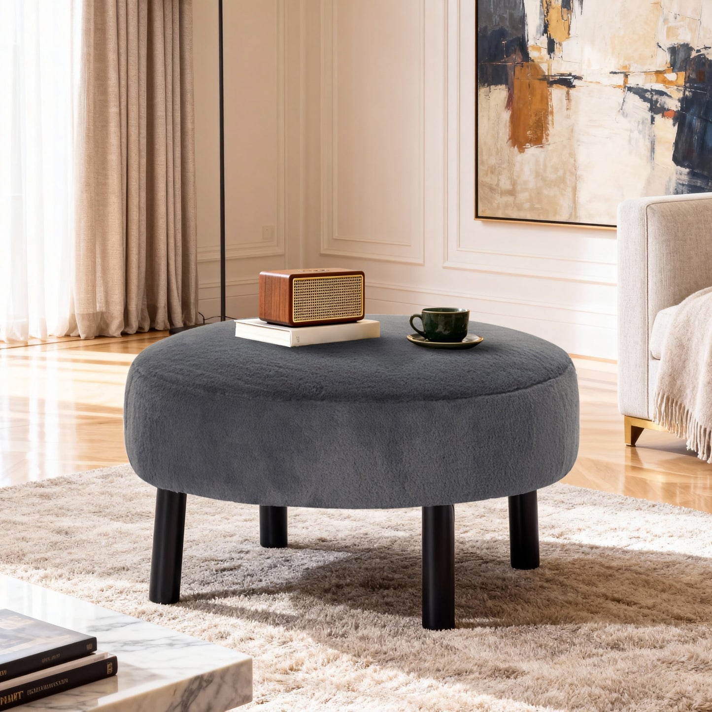 Gewnee 27.56â€Round Ottoman,Faux Rabbit Fur Cushioned Stool,Solid Wood Legs,Home Office Multi-Functional Leisure Ottoman.(Dark Grey)