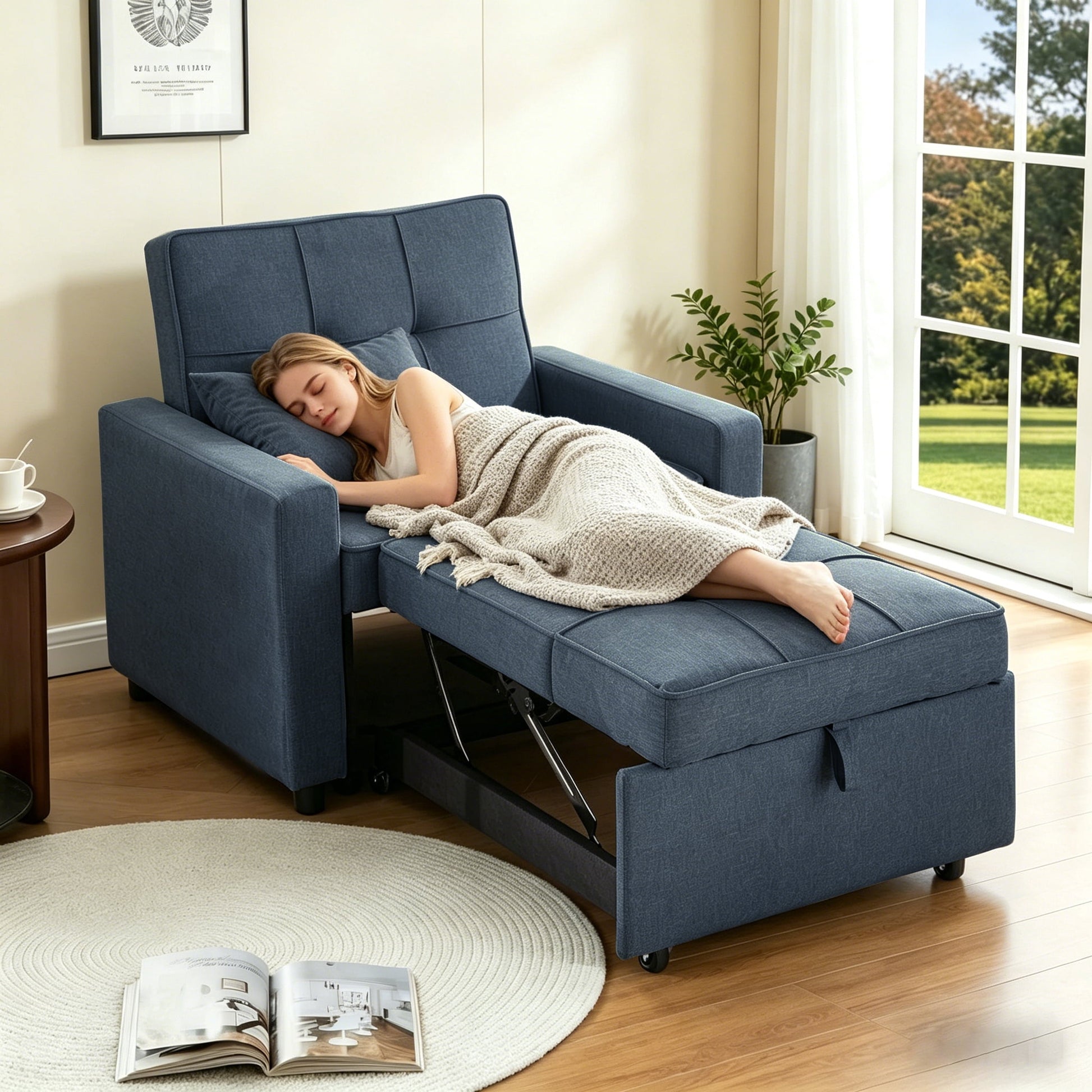 Gewnee 3-IN-1 Folding Sofa Bed Chair,Converts to Guest Bed & Office Chair,Adjustable Backrest,Wheels & Handle,Space-Saving for Apartment,Small Room,Office.Navy Blue