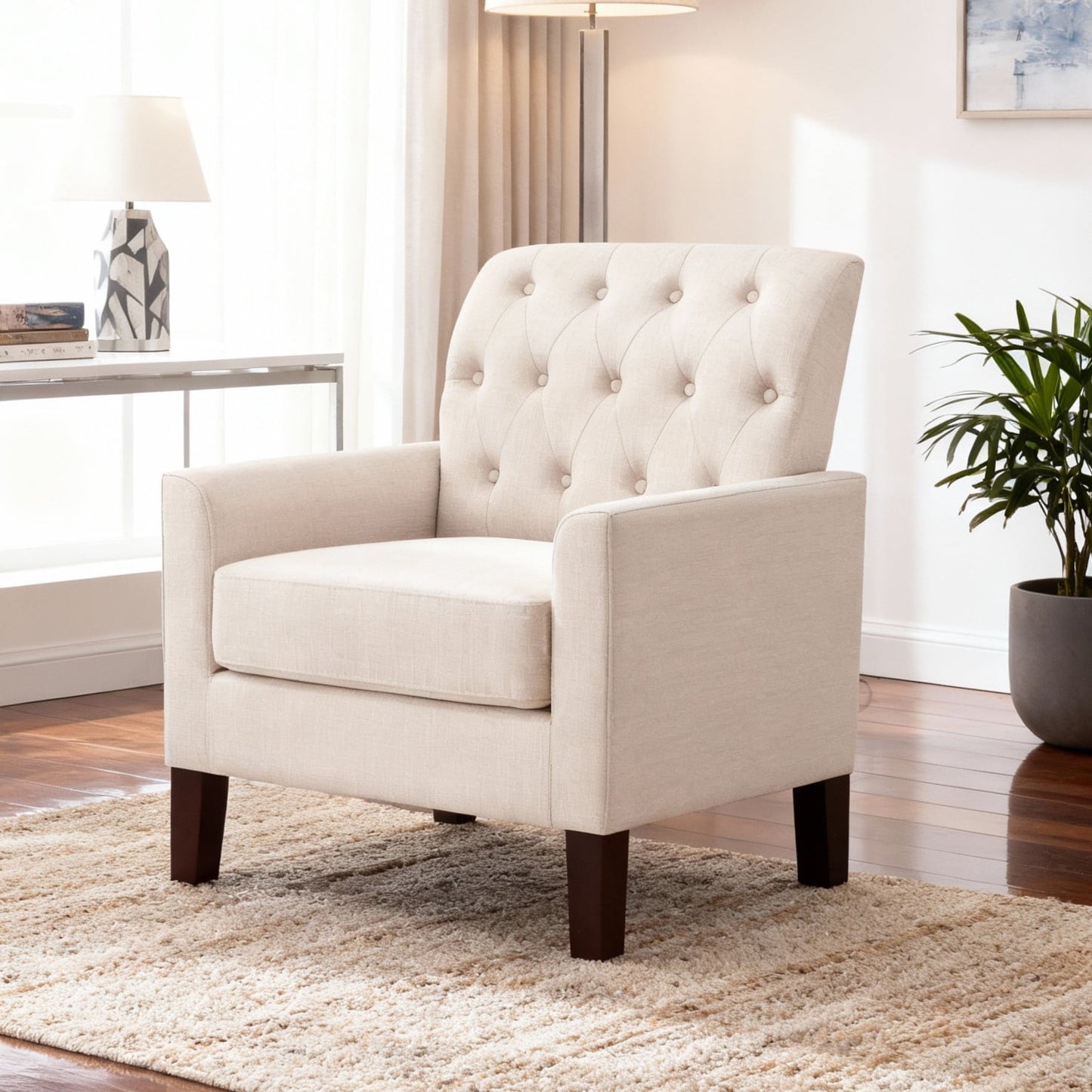 Gewnee Beige 30â€ Linen Accent Armchair, Solid Rubberwood Legs, Suitable for Living Room & Balcony