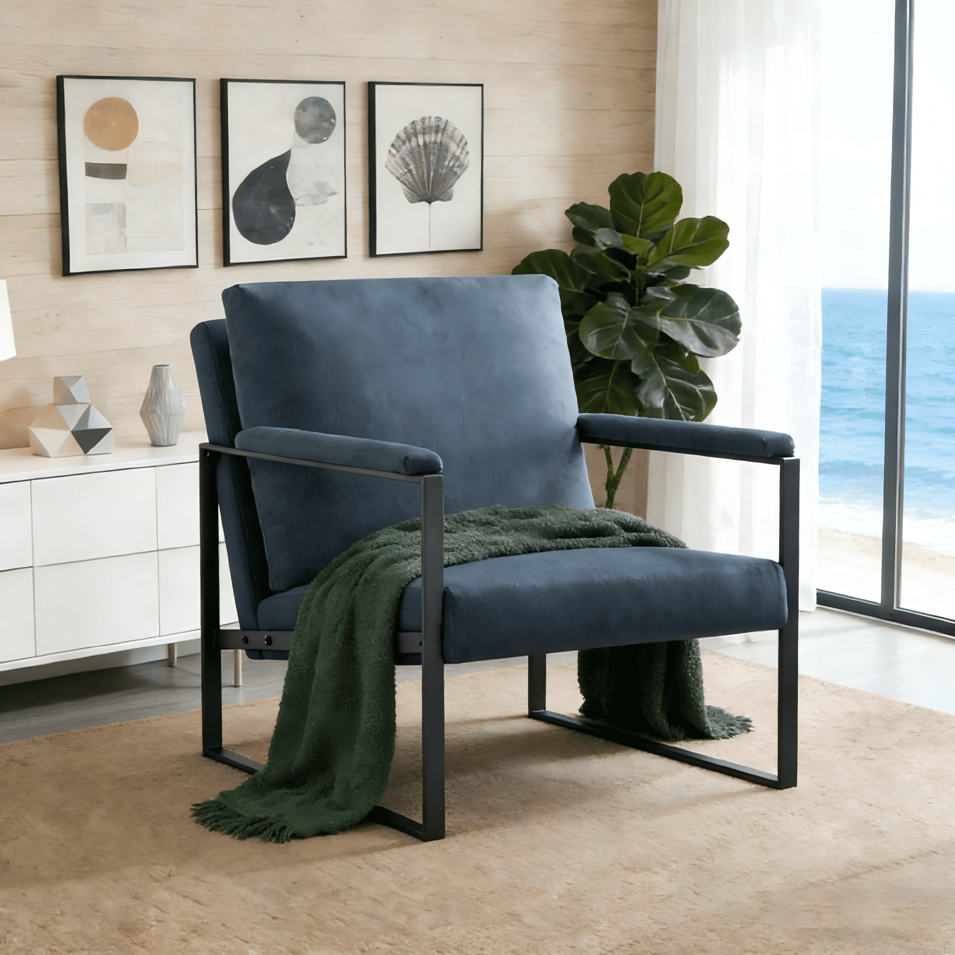 Gewnee Dark Blue 26.8â€ Metal Frame Accent Armchair, Linen Blend Upholstery Solid Wood Seat for Living Room Bedroom Den