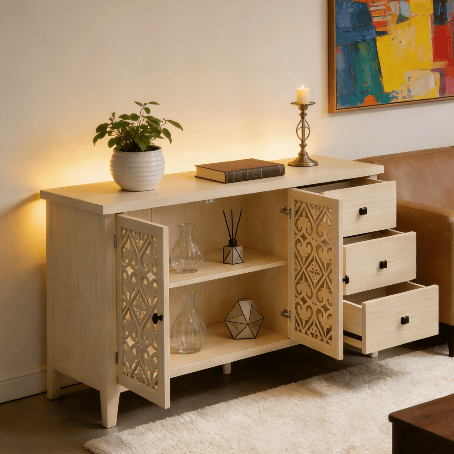 Gewnee Hollow-Design 2-Door 3-Drawer Cabinet, Classic American Style Storage for Bedroom, Living Room and Study
