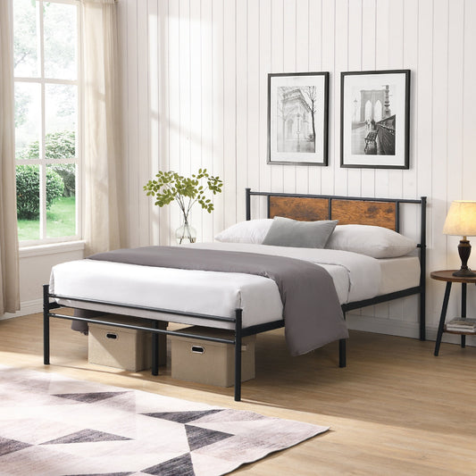 Gewnee King Size Metal Platform Bed (Black) w/Wood Panel Headboard - 550LBS Limit, 10.8" Underbed Storage - Suitable for Master/Guest Bedroom