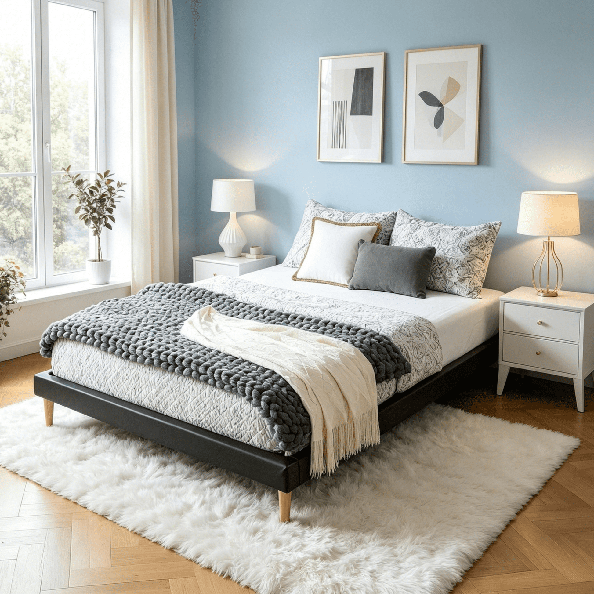 Gewnee King Size Platform Bed Frame, Faux Leather Upholstered, Center Support, No Box Spring Needed, Comfortable Bedroom Bed (Black)