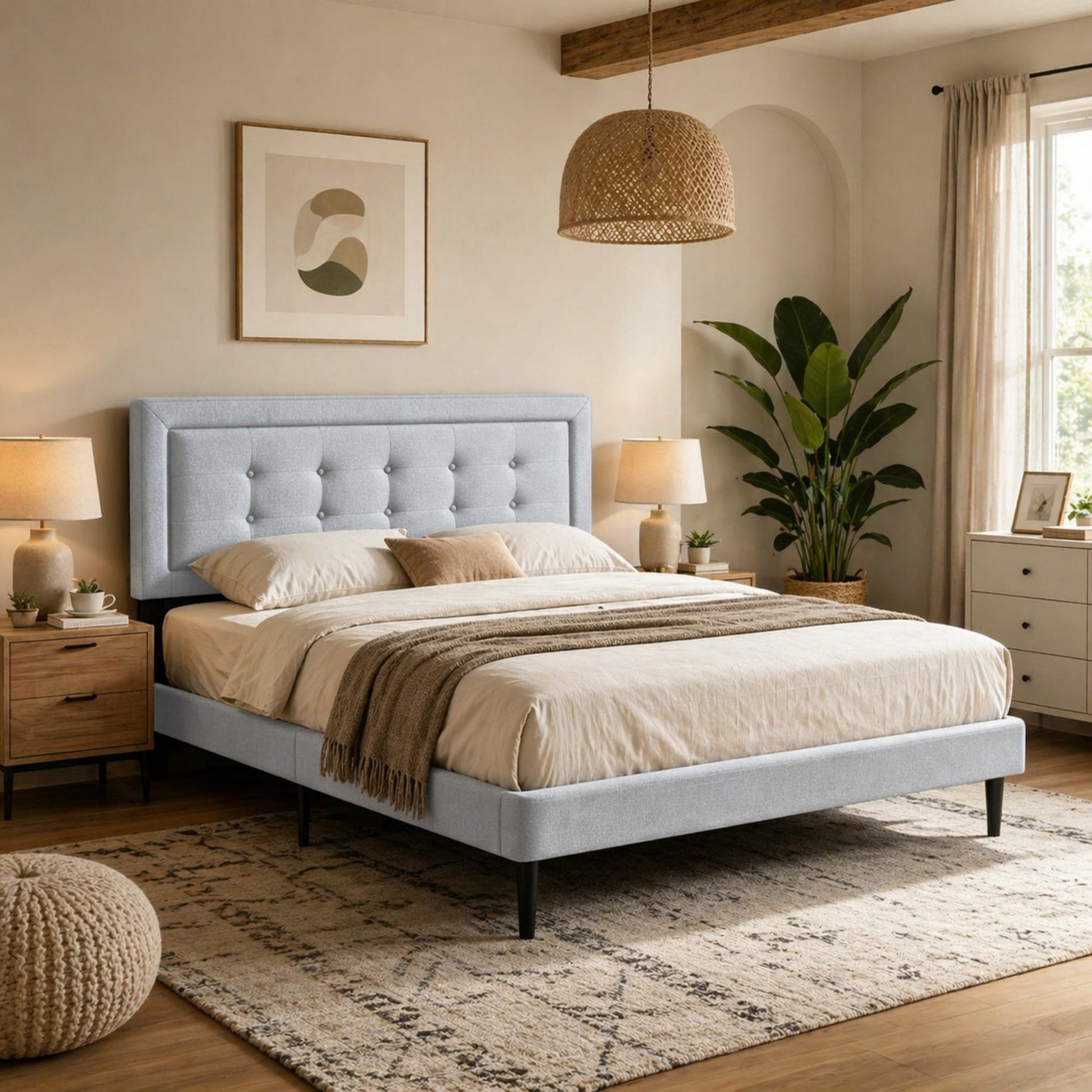Gewnee Queen Size Bed Frame,Velvet Platform Bed,Upholstered Bed with Square Tufted Headboard,No Box Spring Required,Pink
