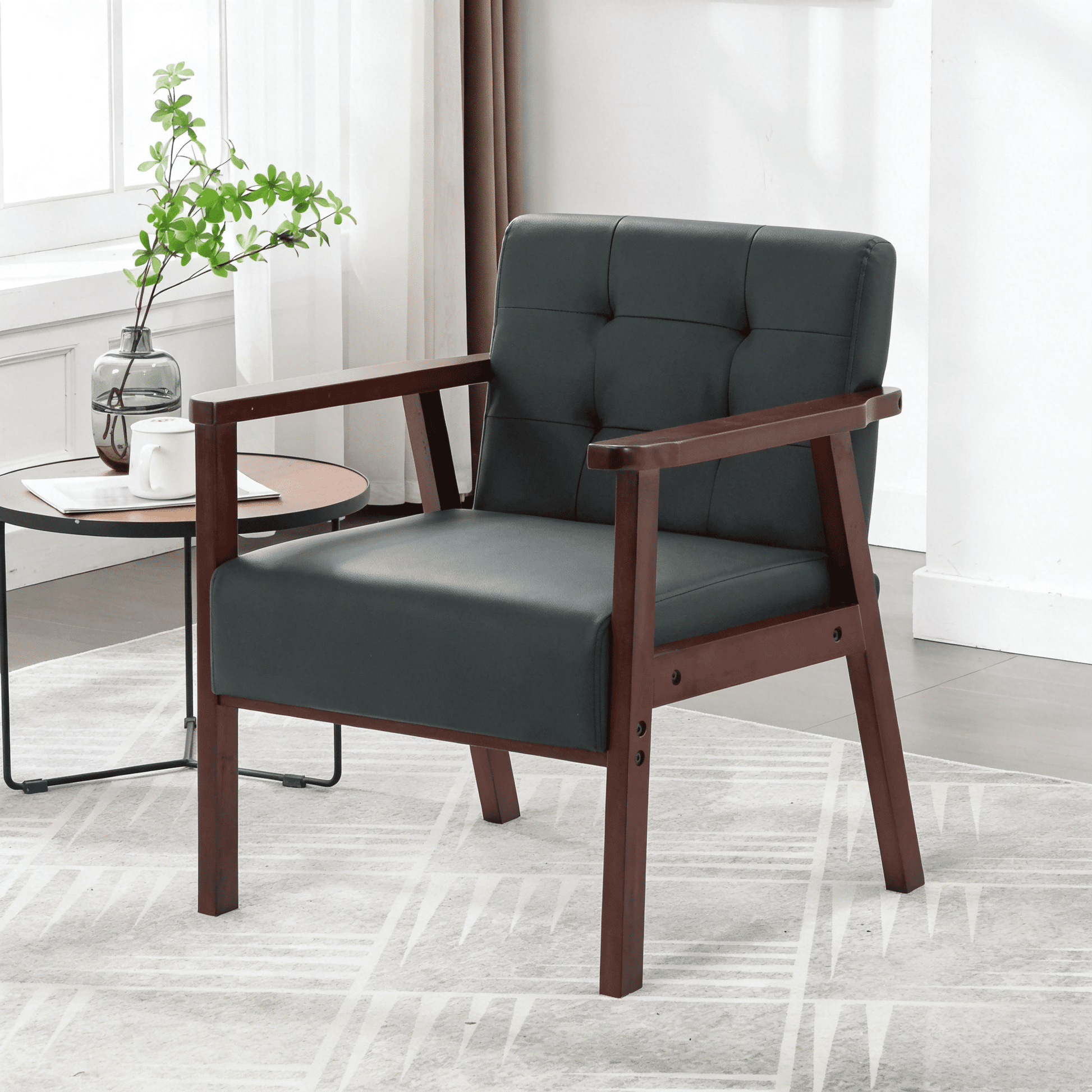 Gewnee Cedar Wood Loveseat, Black PU, Tufted Back, 300LBS Capacity, Non-Slip Pads, for Living Room & Office