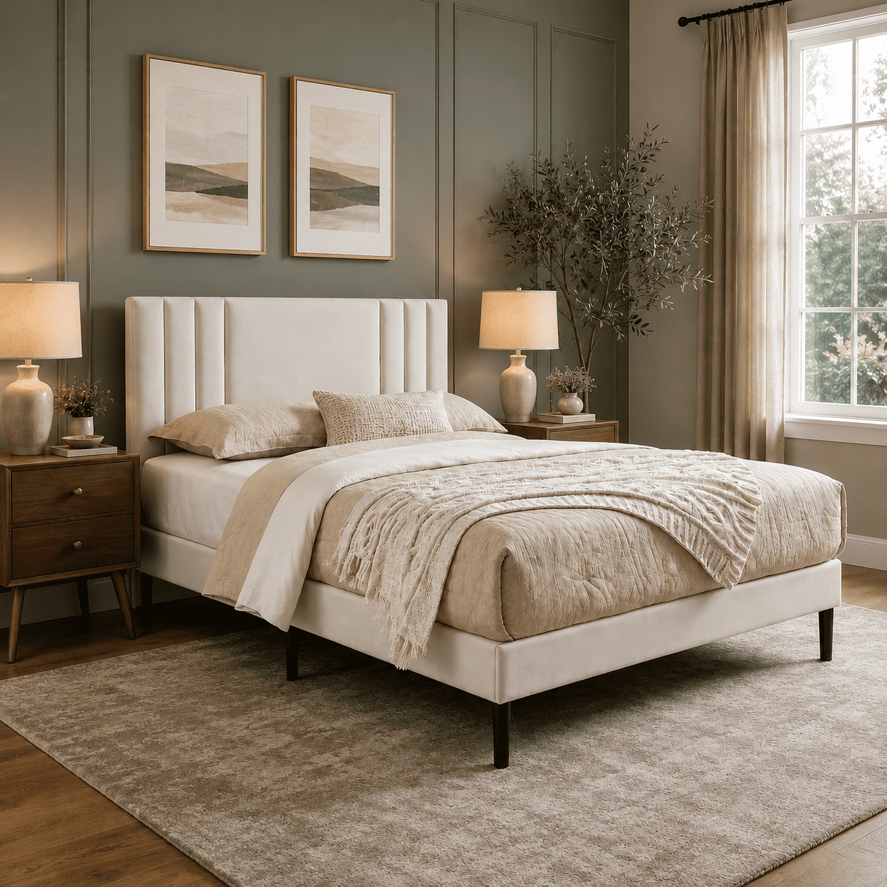 Gewnee King Size Platform Bed Frame, Teddy Velvet Upholstered Headboard with Wood Slats, No Box Spring Needed for Bedroom, White