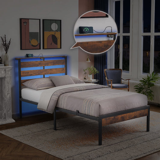 Gewnee FULL Size Metal Bed Frame with RGB Lights & Charging Station (3 USB + 1 Type-C),Headboard with Shelf,No Box Spring Needed,Under-Bed Storage,Ideal for Bedroom,Dorm,Guest Room