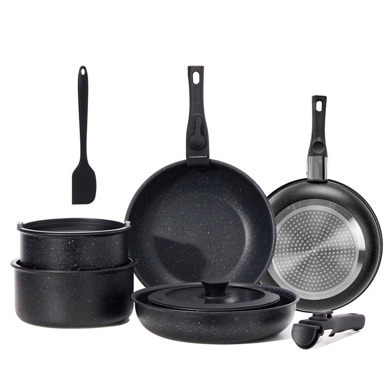 Gianna 12 Pcs Non-Stick Cookware Set, Pots and Pans Set, with Spatula & Detachable Handle for Kitchen, Black