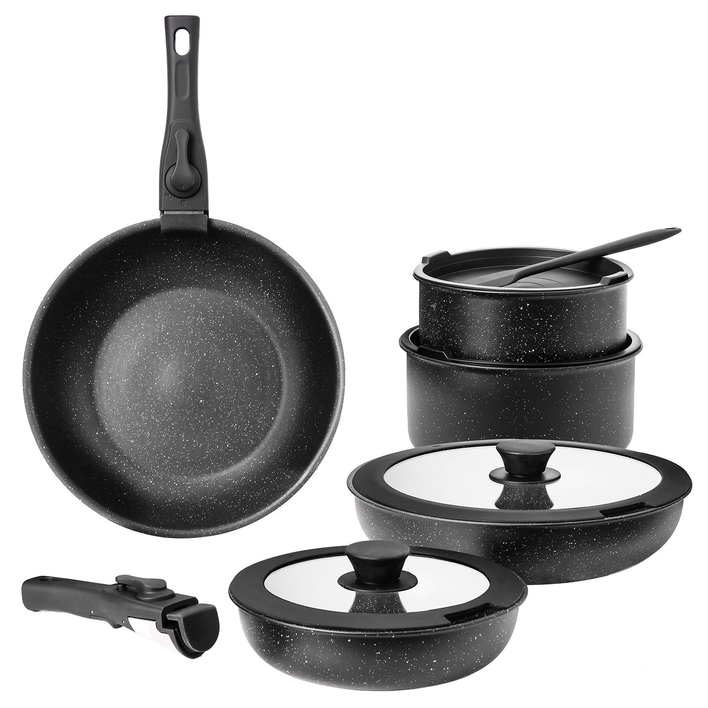 Gianna Juego de Utensilios de Cocina Antiadherentes de 12 Pzas, Juego de Ollas y Sartenes, con EspÃ¡tula y Mango Desmontable para Cocina, Negro