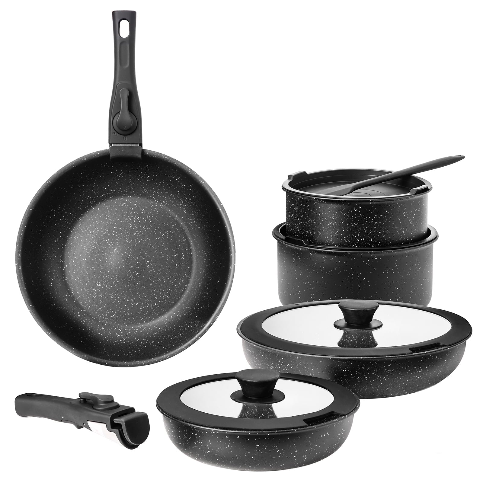 Gianna Juego de Utensilios de Cocina Antiadherentes de 12 Pzas, Juego de Ollas y Sartenes, con EspÃ¡tula y Mango Desmontable para Cocina, Negro