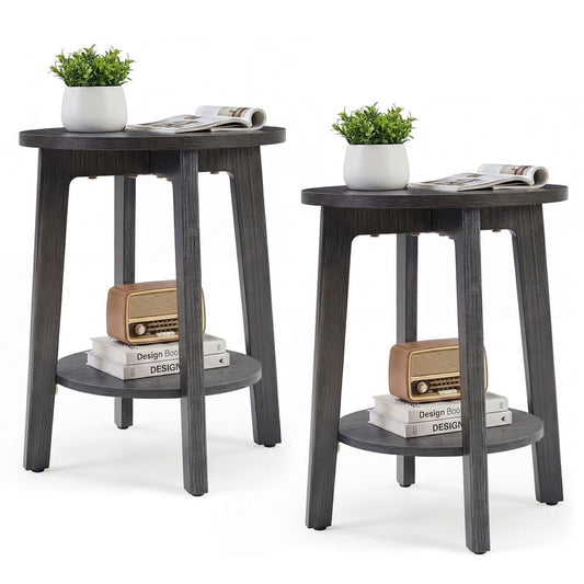 Gianna 2 Pack 2-Tier Round Side Table with Tapered Legs, Small End Table for Living Room & Bedroom,Gray