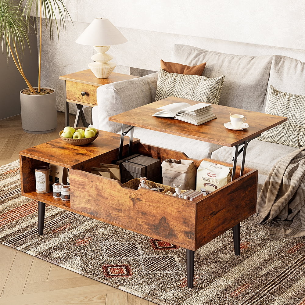 JIOABL 39.4"Lx19.6"Wx17.4"H Wood Lift Top Coffee Table with Hidden Compartment and Adjustable Storage Shelf