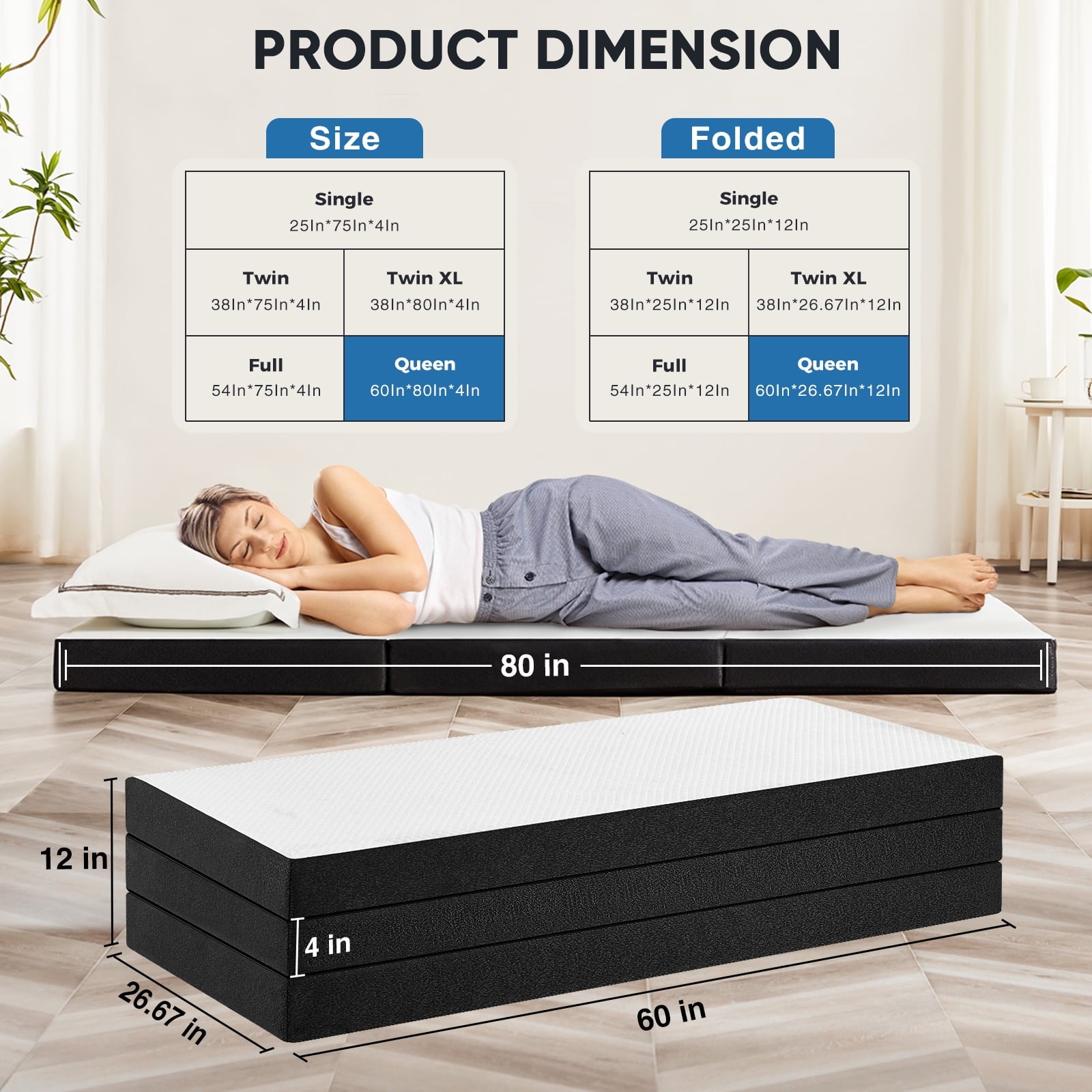 Gianna 4" Queen Memory Foam Tri-Fold Mattress, Portable Foldable Mattress for Guest Beds & Travel