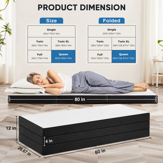 Gianna 4" Queen Memory Foam Tri-Fold Mattress, Portable Foldable Mattress for Guest Beds & Travel