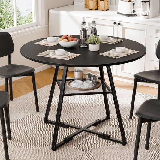 Gianna 42" Round Dining Table for 4-6, Space Saving Kitchen Table with Dual-Tier Storage, Pedestal Metal Frame, Industrial Farmhouse Circle Dinner Table for Apartment, Black