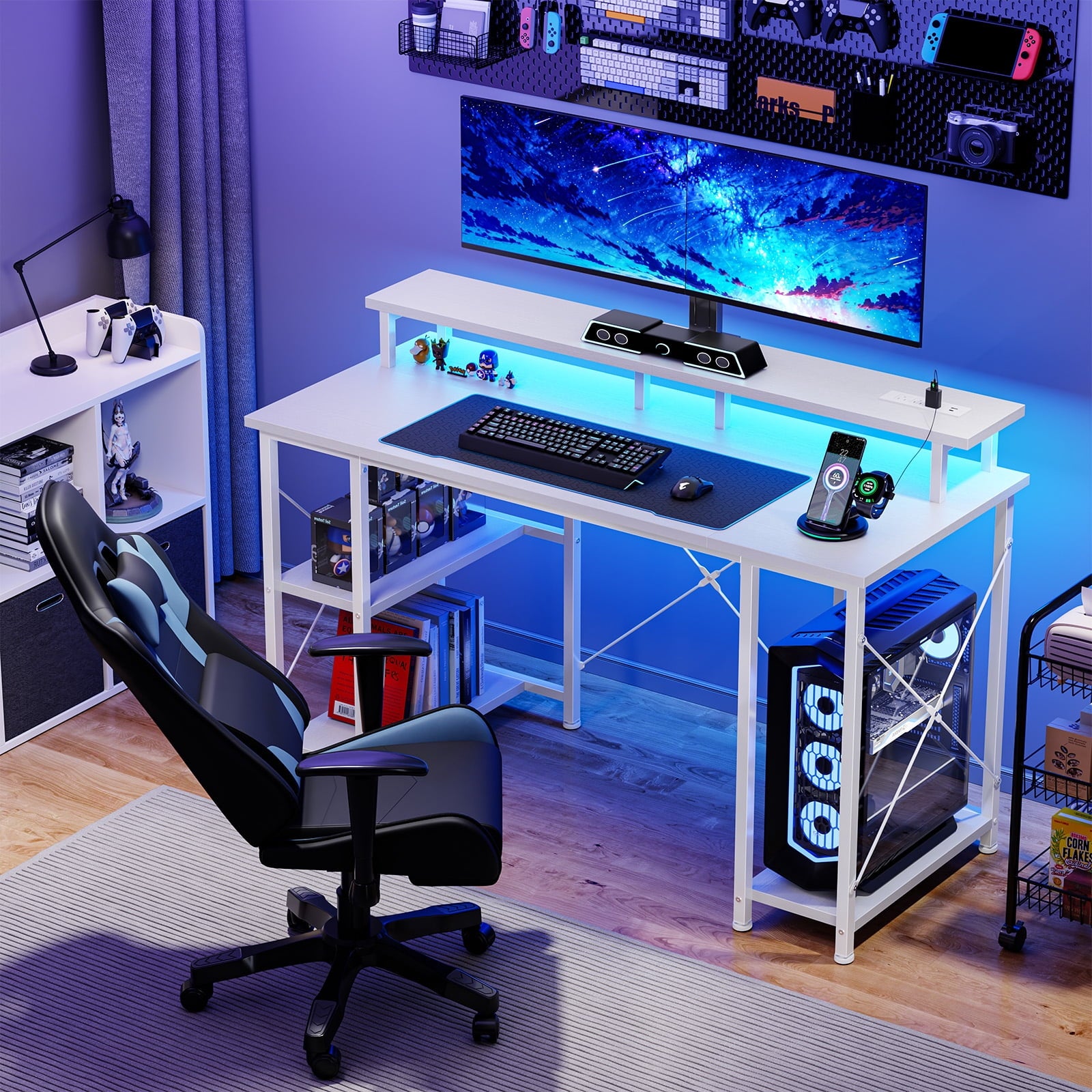 Gianna 48-Inch Gaming Desk with LED Lights, Power Outlets, Monitor Stand, App-Controlled Features and Headphone Hook