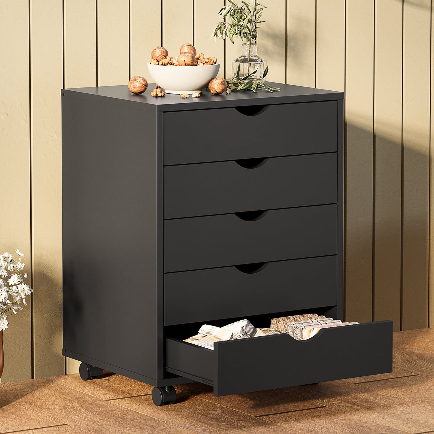 Gianna 3-Drawer File Cabinet with Wheels, Rolling Wood Printer Stand with Open Storage Shelves for Home Office, Black