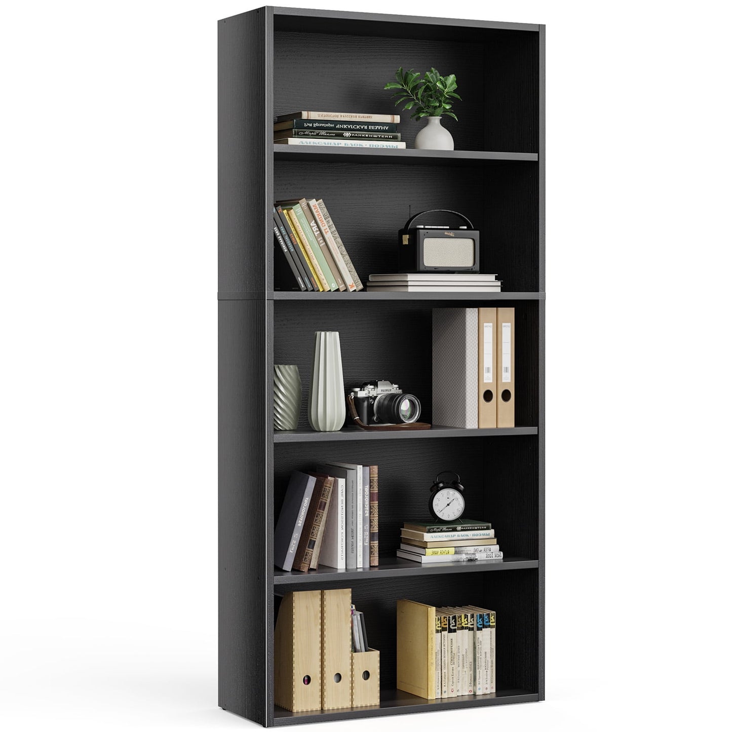Gianna 5-Tier Bookshelves with Adjustable Shelves, Floor Standing Bookcase for Home & Office Storage, Black