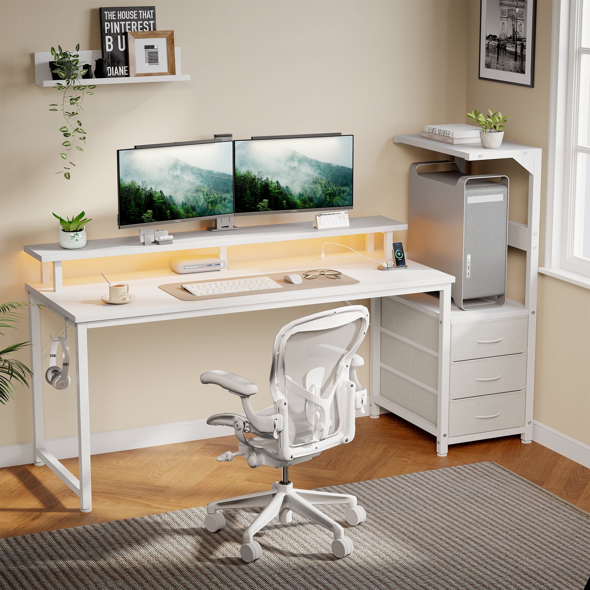 Gianna 59-Inch Gaming Desk with Hutch, LED Lights, USB Ports and 3 Fabric Drawers, Carbon Fiber