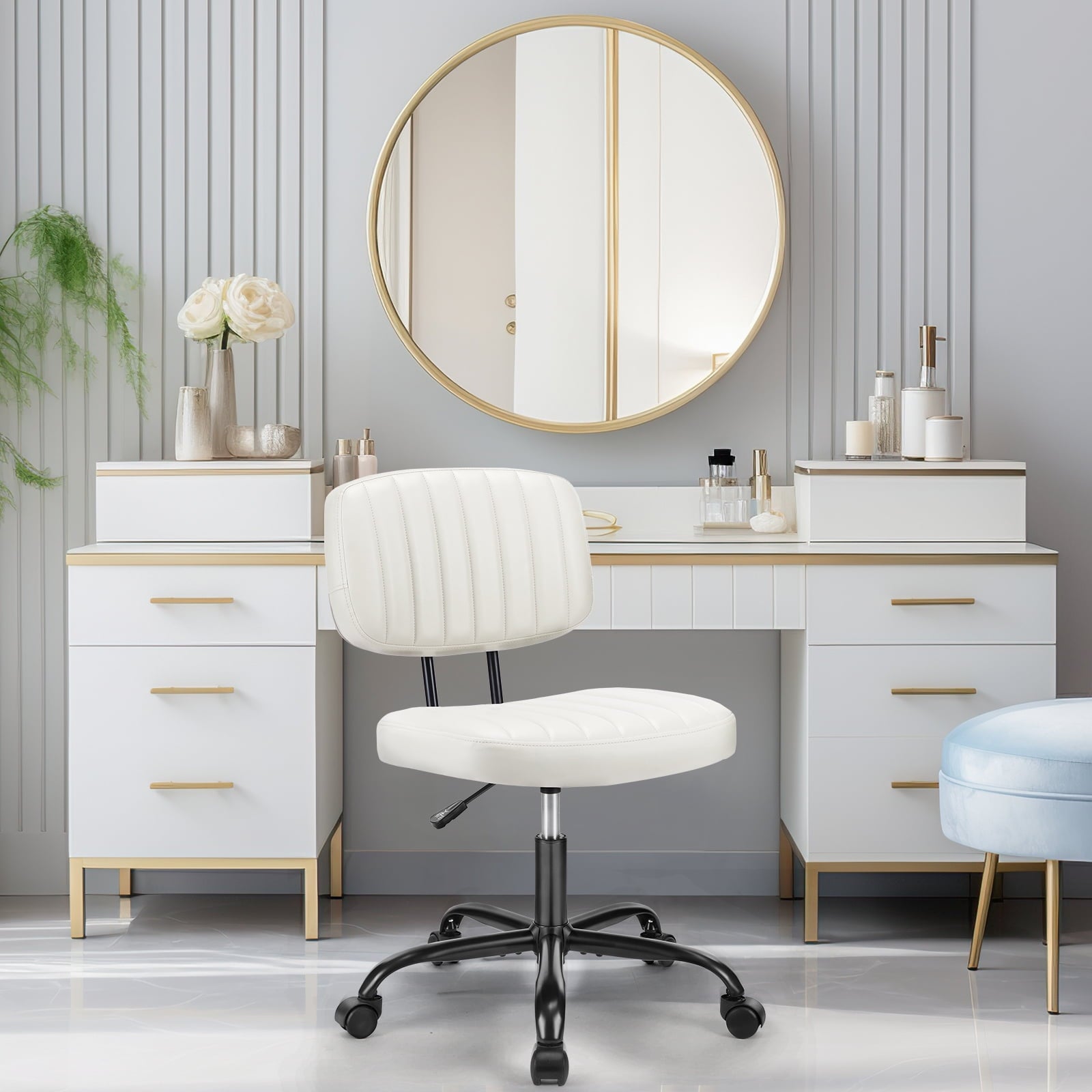 Gianna Armless Office Desk Chair with Comfy Lumbar Support, Adjustable Height Rolling Swivel Computer Task Chair, White