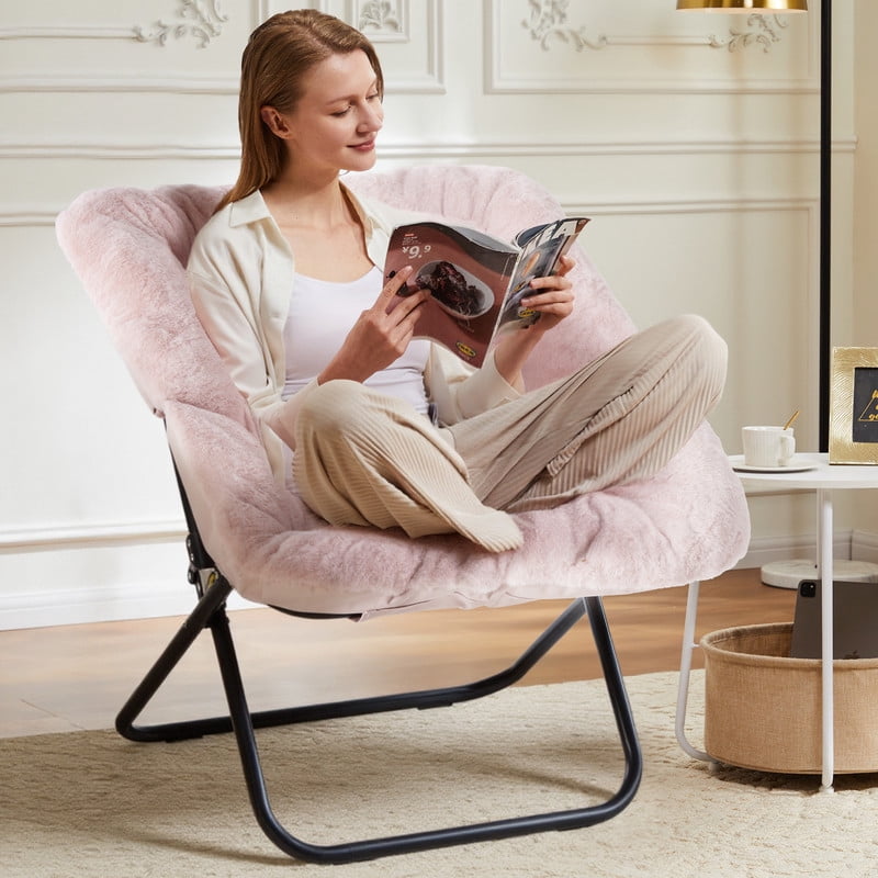 Gianna Comfy Chair for Adults, Soft Faux Fur Folding Lounge for Bedroom Living Room Dorm Rooms Flexible Reading Chair for Teens, Large Size Foldableï¼ŒSquare-Pink