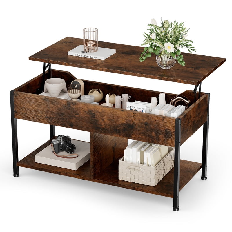 Gianna Lift Top Coffee Table with Storage 39" Center Table with Hidden Compartment & 2 Shelves Farmhouse, Wood Coffee Table for Living Room with Sturdy Lift-Top Adjustable Feetï¼ŒBrown