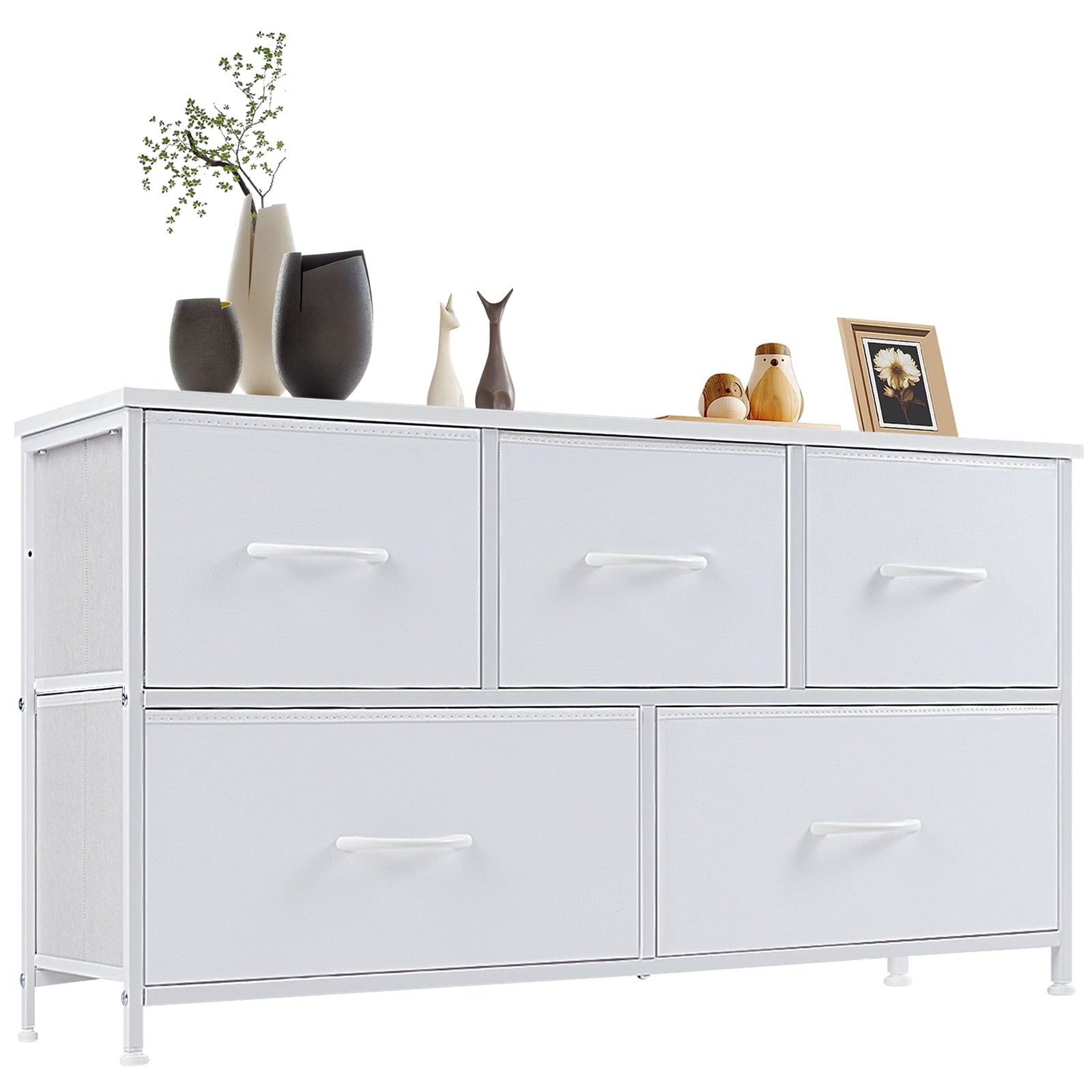 JIOABL Modern Dresser with Fabric 5-Drawer, Metal Frame, Ideal for Bedroom Storage, White