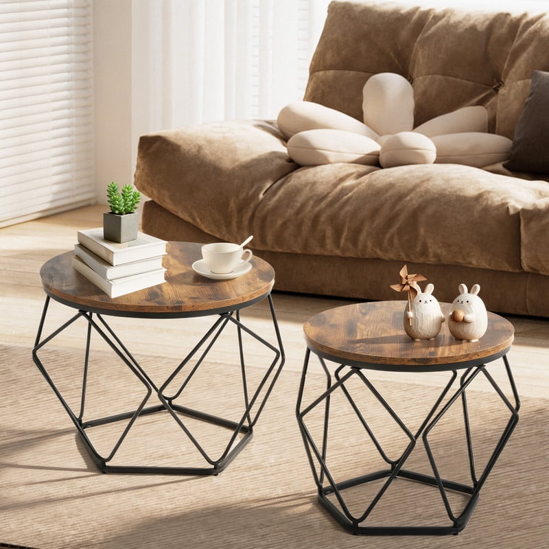 Gianna Modern Geometric Coffee Table Set of 2, Round Nesting Side Tables with Hidden Storage, Movable End Tables for Living Room Decor & Practical Useï¼ŒBrown