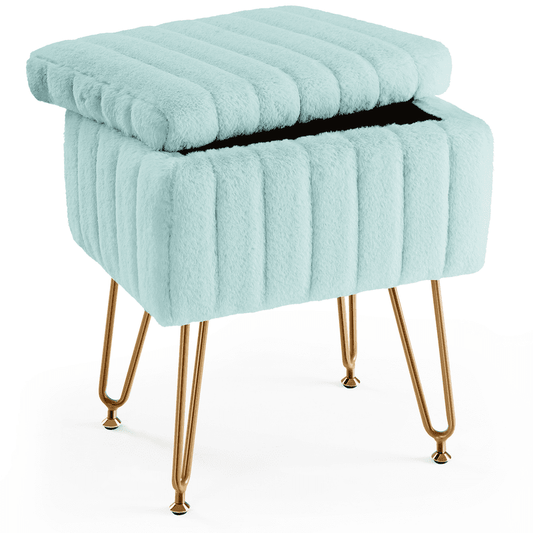 Gianna Square Ottoman with Storage, Makeup Cute Soft Small Footstool, Modern Style Faux Fur Seat with 4 Metal Legs & Adjustable Feet for Dressing, Living Room Bedroom Dorm, Green