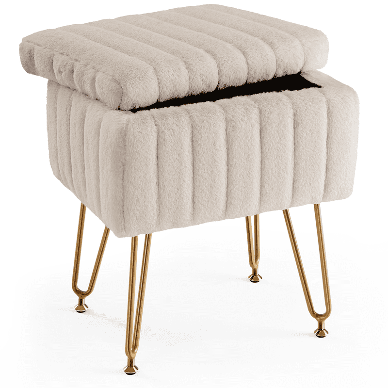 Gianna Square Ottoman with Storage, Makeup Cute Soft Small Footstool, Modern Style Faux Fur Seat with 4 Metal Legs & Adjustable Feet for Dressing, Living Room Bedroom Dorm, Gray
