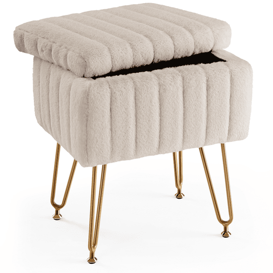 Gianna Square Ottoman with Storage, Makeup Cute Soft Small Footstool, Modern Style Faux Fur Seat with 4 Metal Legs & Adjustable Feet for Dressing, Living Room Bedroom Dorm, Gray