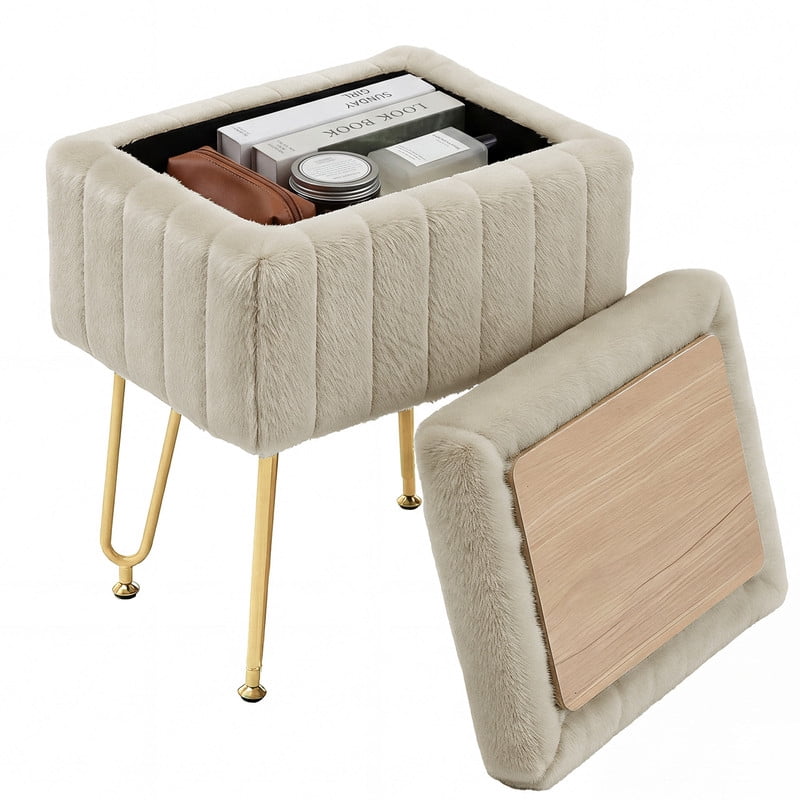 Gianna Square Ottoman with Table Top, Comfortable Footrest With Storage, Vanity Stool Suitable for Living Roomï¼ŒBedroom, Camel