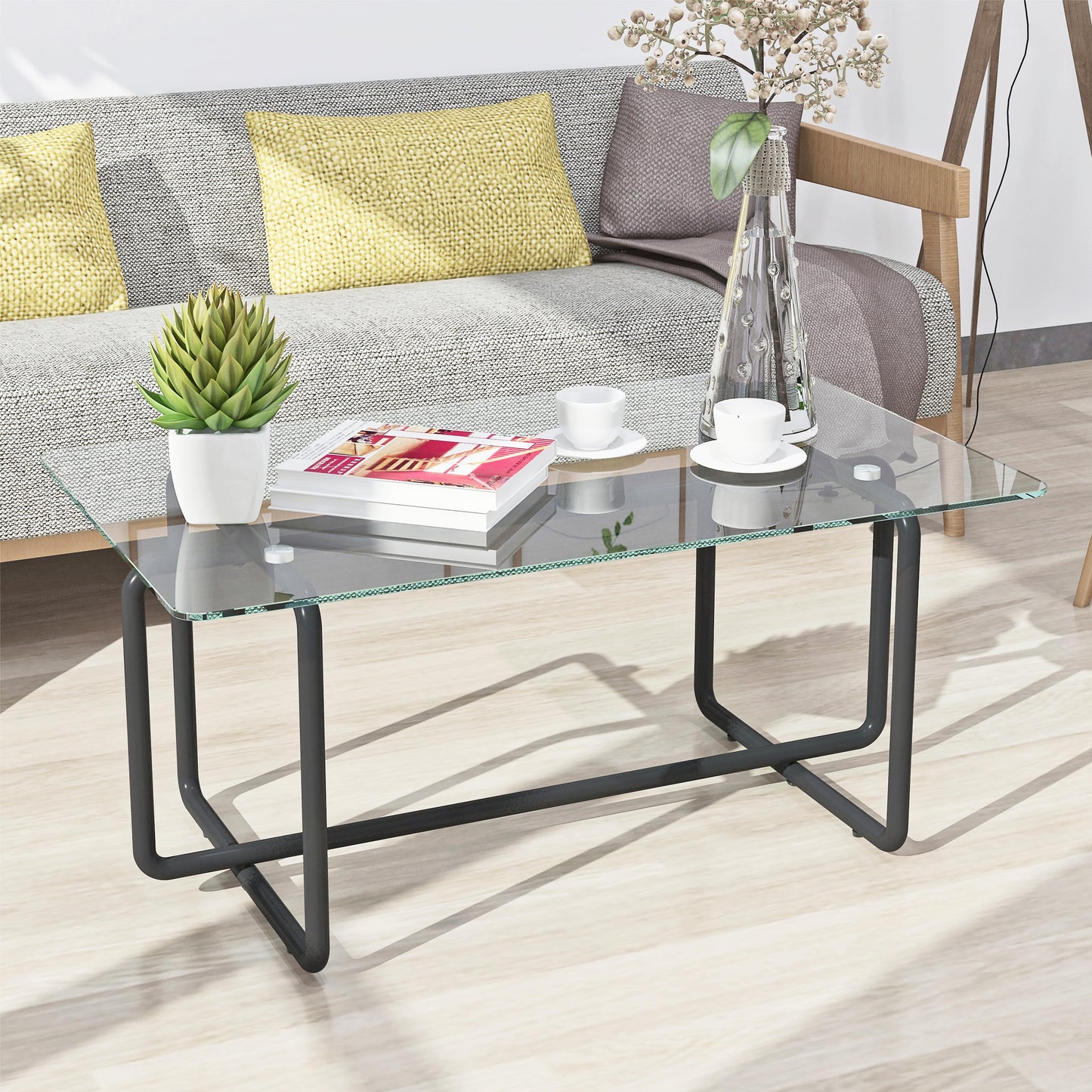 Glass Coffee Table,Clear Rectangle Glass Coffee Table, Modern Coffee Table with Metal Legs,Transparent