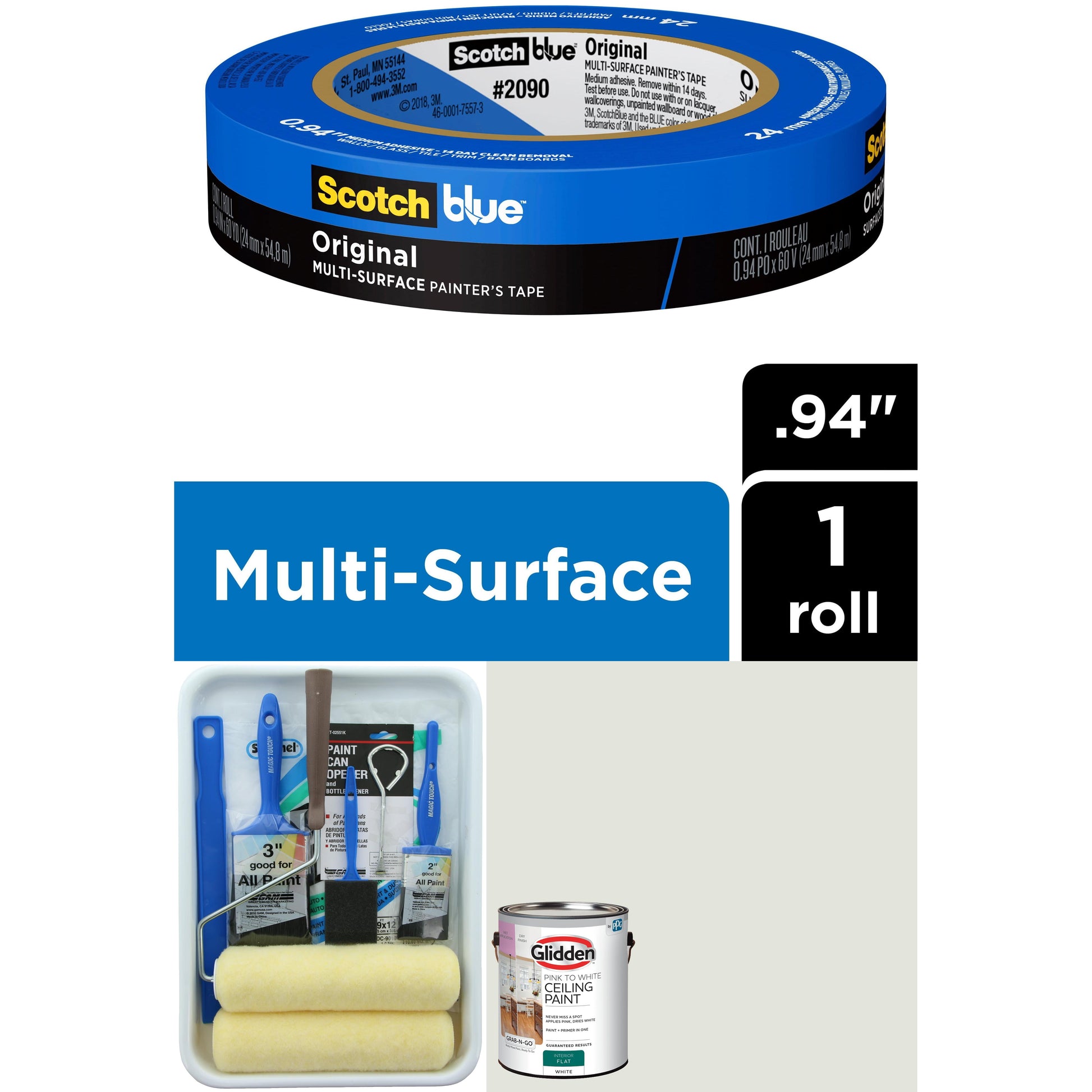 Glidden High Enduance Plus Ceiling Paint White Flat Interior 1 Gallon with ScotchBlue Painter's Tape Original Multi-Use, .94in x 60yd(24mm x 54,8m Bundle