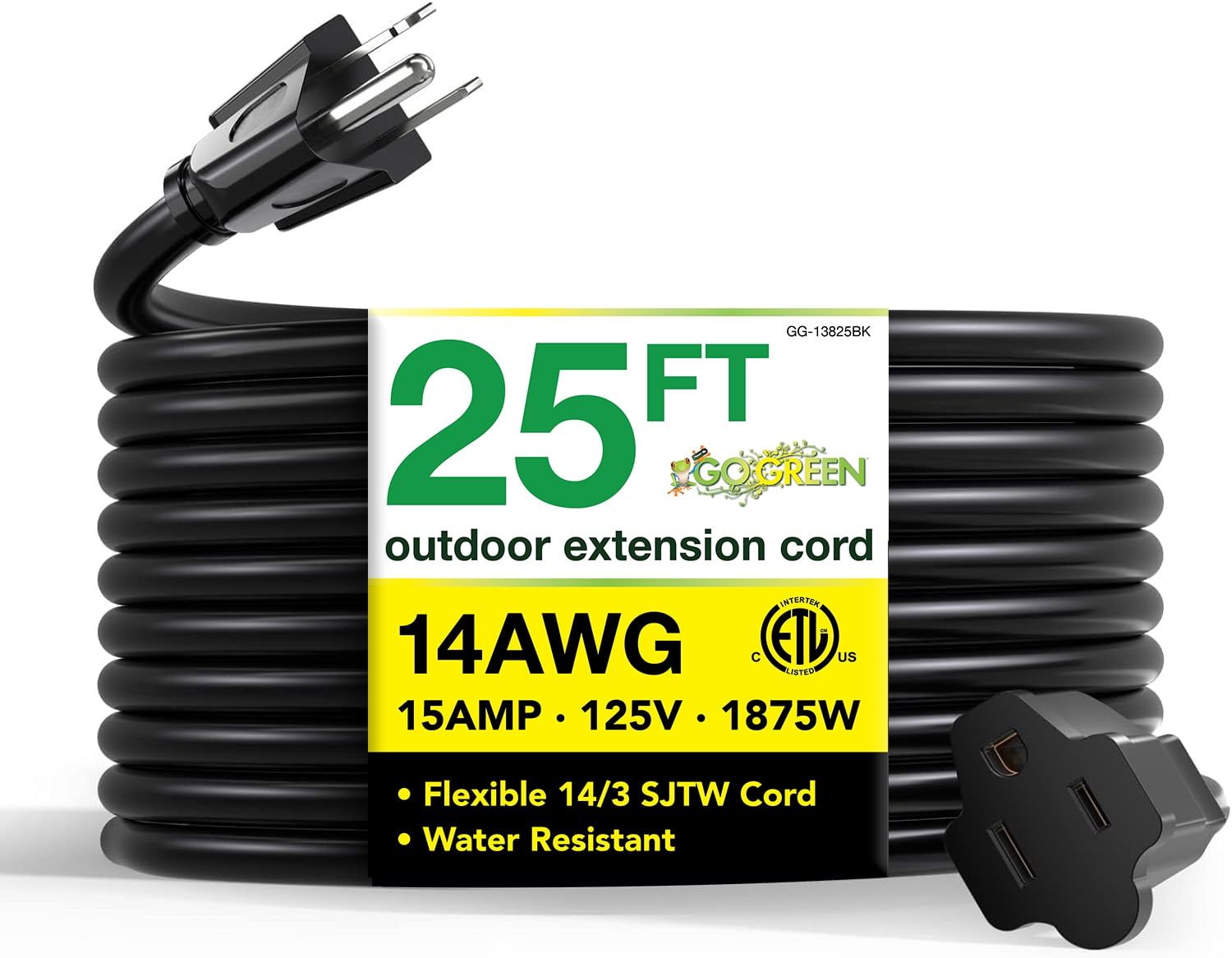 GoGreen Power 14/3 25' GG-13825BK Heavy Duty Extension Cord, Black
