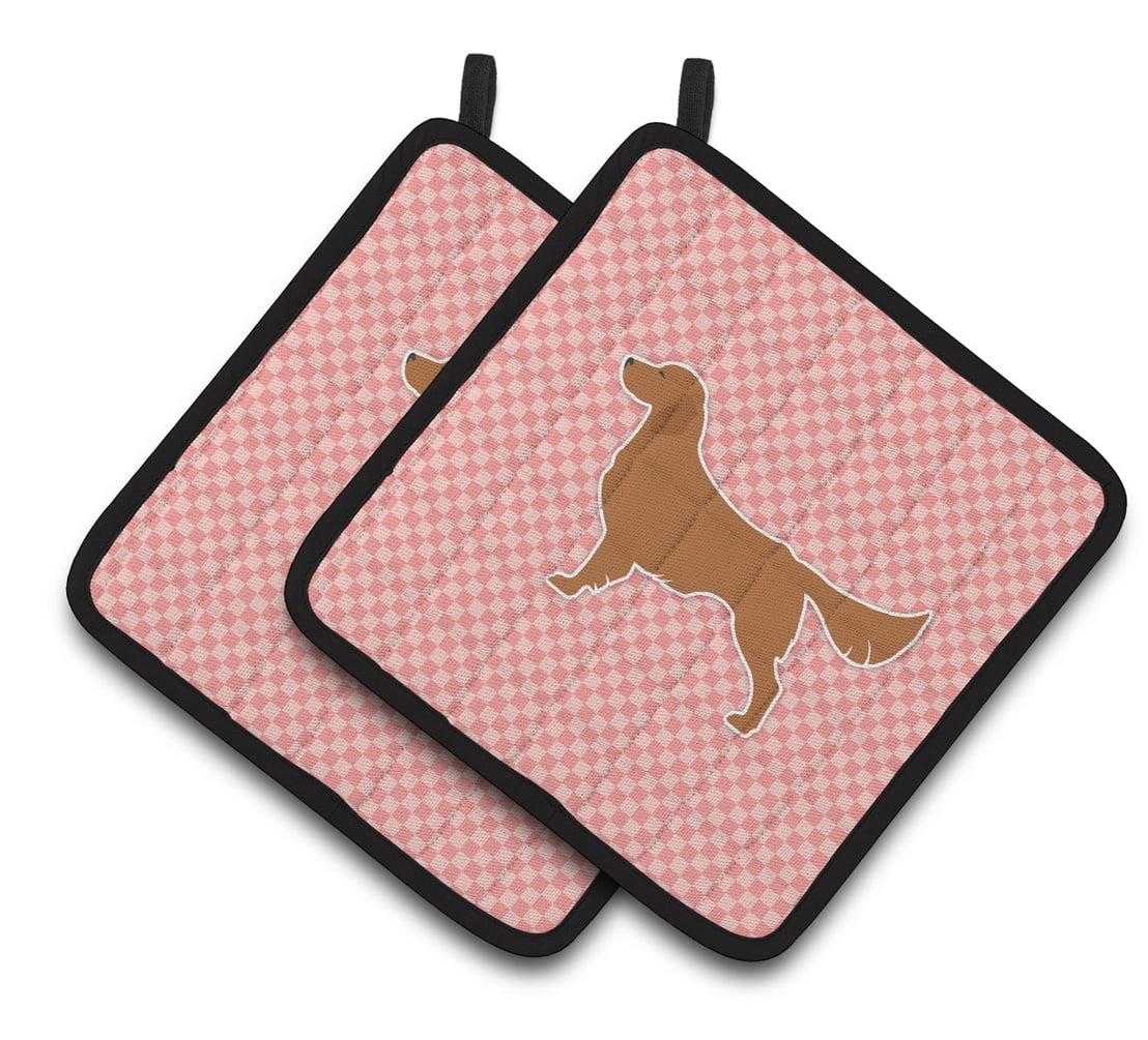 Golden Retriever Checkerboard Pink Pair of Pot Holders