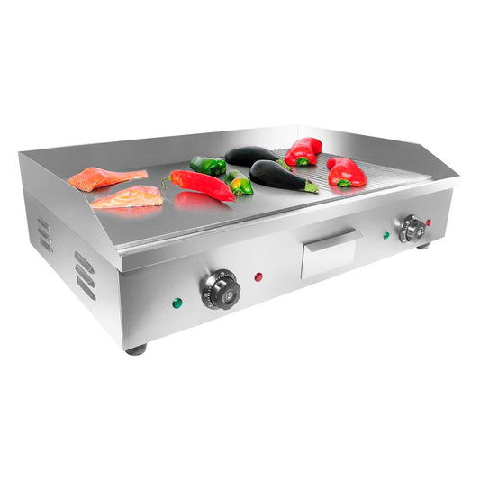 GorillaRock Electric Griddle | Teppanyaki Half Flat and Half Grooved Grill with Double Thermostat | No plug | Manual Control | 29.00 x 18.00 | 110V
