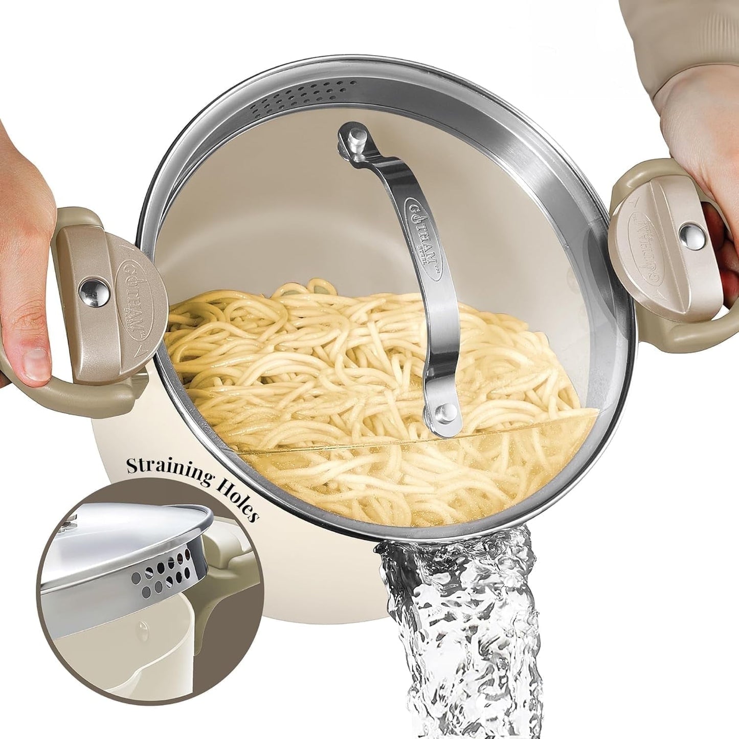 Gotham Steel 5 Qt Nonstick Pasta Pot with Strainer Lid & Twist and Lock Handles, Multipurpose Stock Pot, Dishwasher Safe, Cream