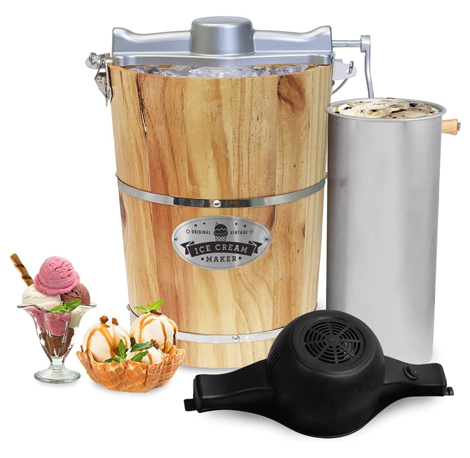 Gourmet Old Fashioned 6 Quart Vintage Appalachian Wood Bucket Electric Ice Cream Maker Machine, * Classic Die-Cast Hand Crank for Churning, Uses Ice and Rock Salt Churns Ice Cream in Minute
