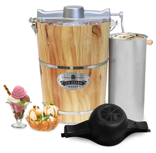 Gourmet Old Fashioned 6 Quart Vintage Appalachian Wood Bucket Electric Ice Cream Maker Machine, * Classic Die-Cast Hand Crank for Churning, Uses Ice and Rock Salt Churns Ice Cream in Minute