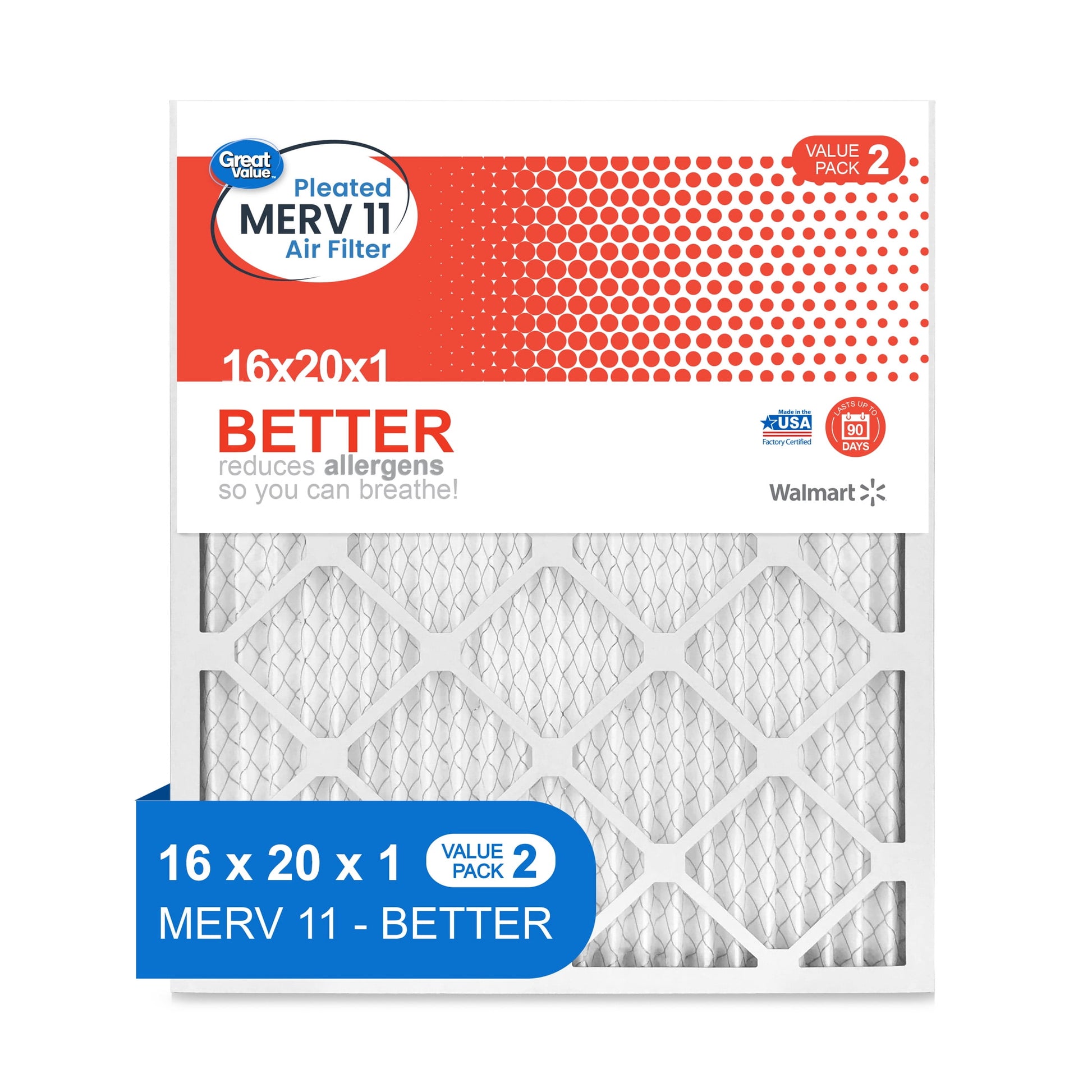 Great Value; 16x20x1; MERV 11 BETTER HVAC Air and Furnace Filter; Reduces Allergens; 2 Filters