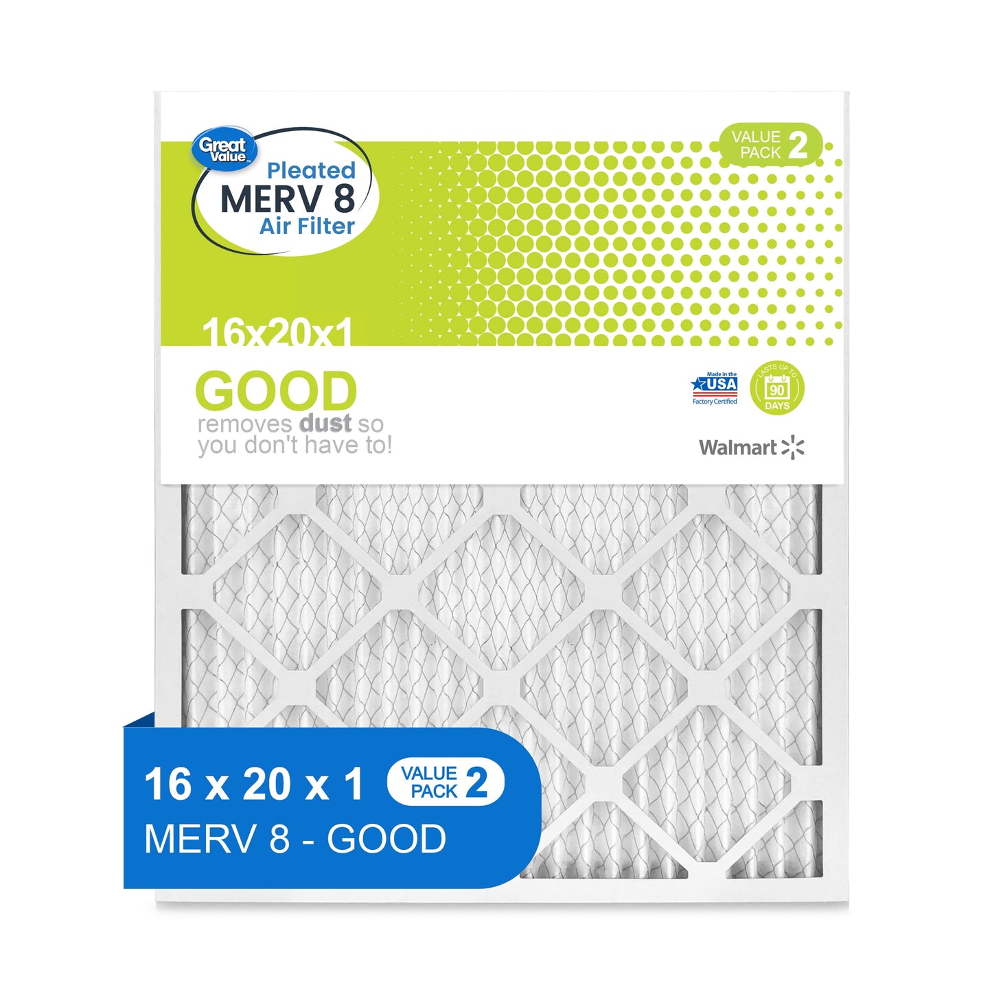 Great Value, 16x20x1, MERV 8 GOOD HVAC Air and Furnace Filter, Captures Dust, 2 Filters
