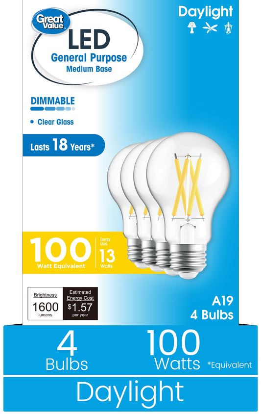 Great Value 18YR A19 LED Light Bulb, 13W (100W Equivalent) Daylight Dimmable E26 Medium Base (4 Pack)