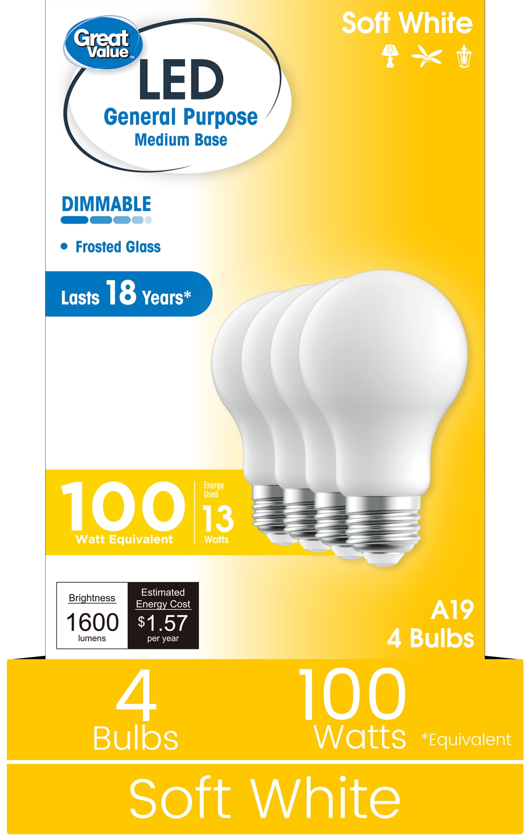 Great Value A19 LED 13W (100W Equivalent) Soft White E26 Medium Base General Purpose Light Bulbs, Dimmable, 4 Pack