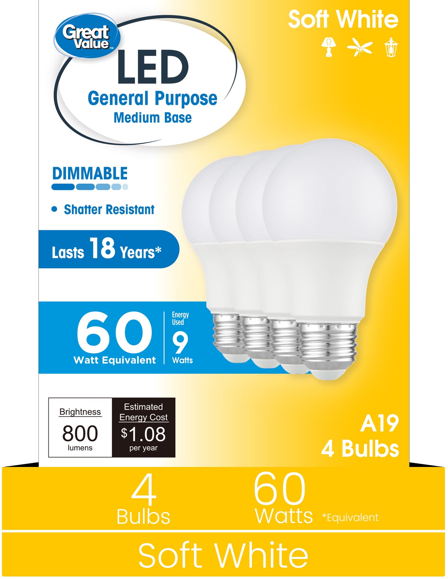 Great Value 18YR A19 LED Light Bulb, 9W (60W Equivalent) Dimmable Soft White E26 Medium Base, 4 Pack