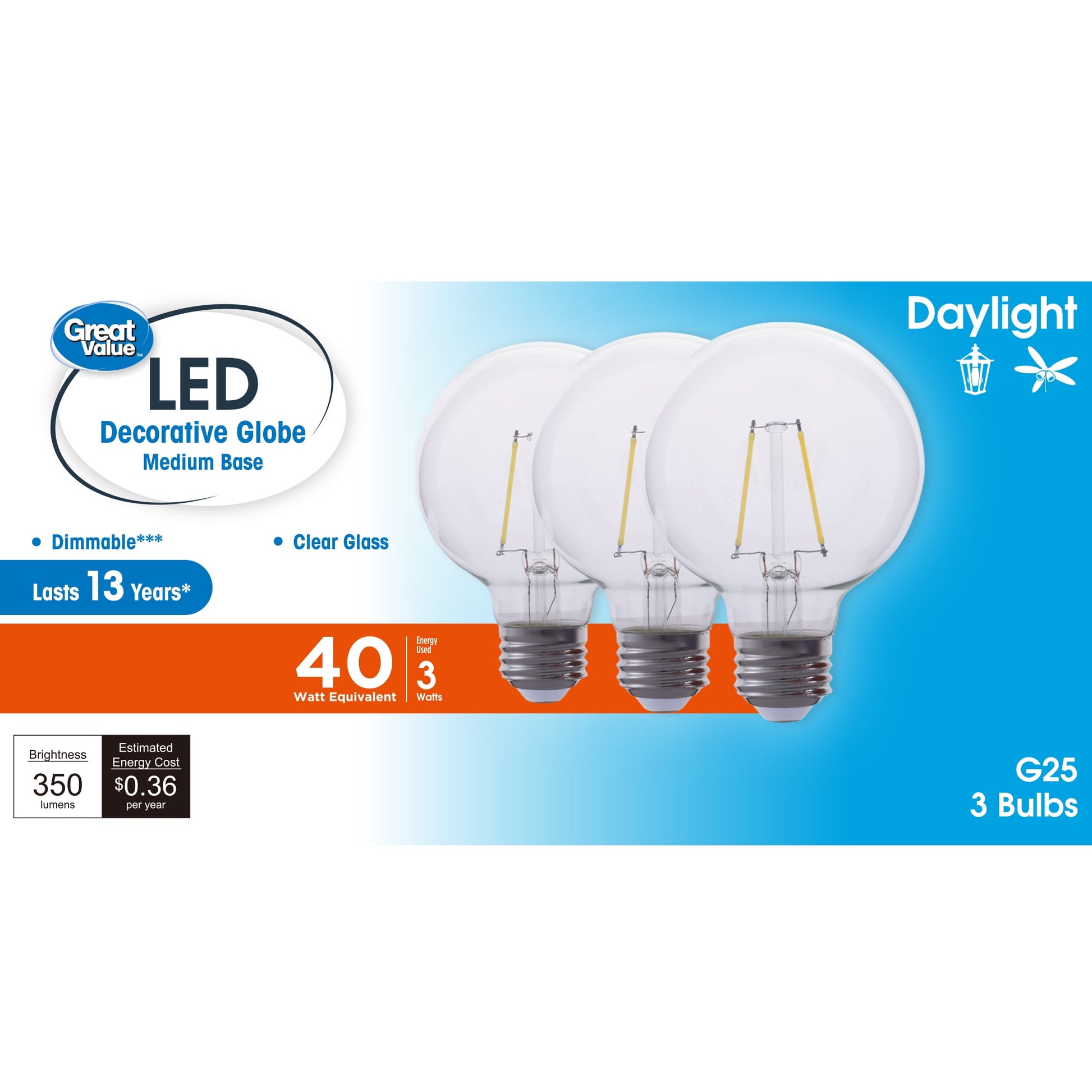 Great Value G25 LED Light Bulb, 3-Watt (40W Equivalent) Daylight Decorative Globe E26 Base Dimmable - 3 Pack