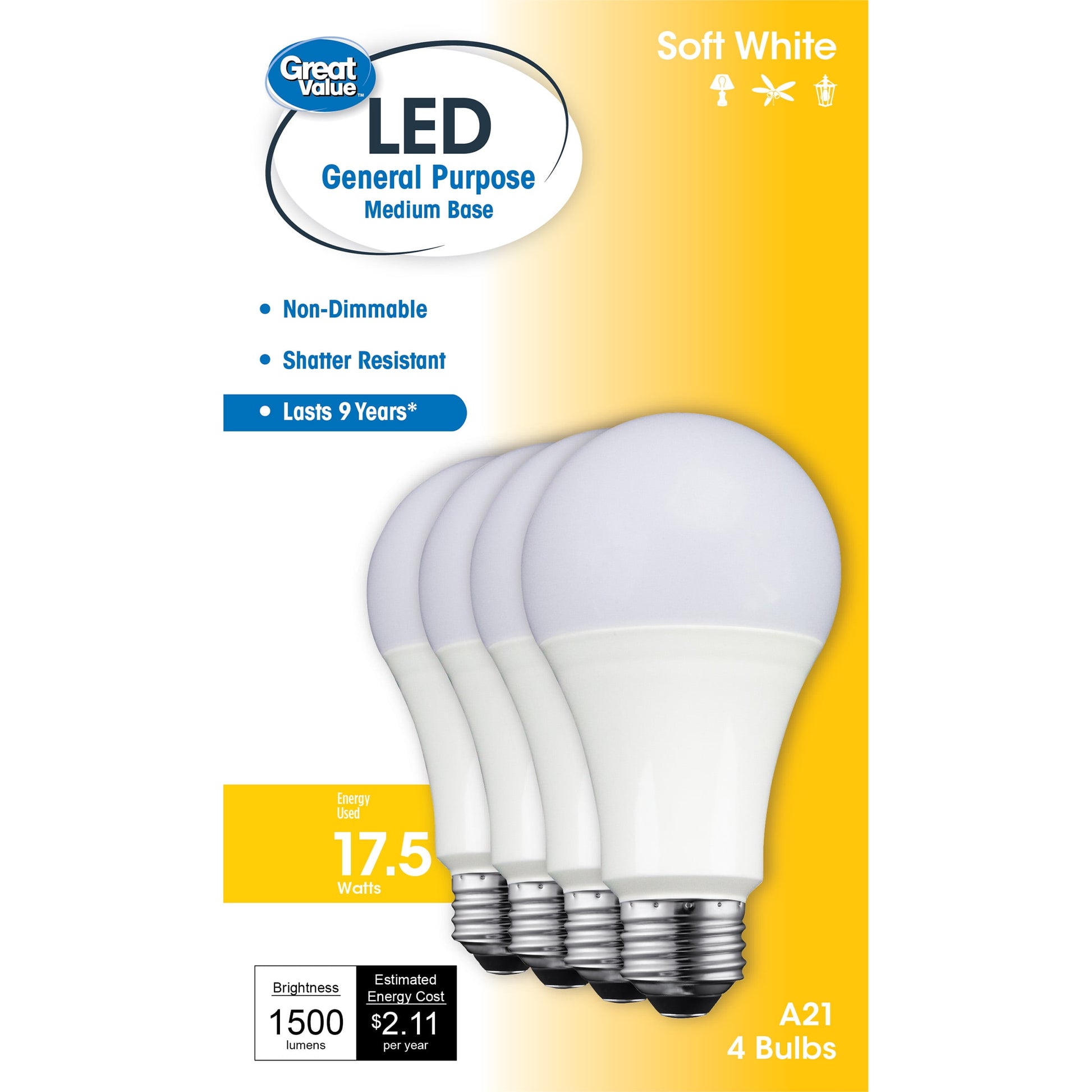 Great Value LED Light Bulb, 17.5W (100W Equivalent) A21 General Purpose Lamp E26 Medium Base, Non-dimmable, Soft White, 4-Pack