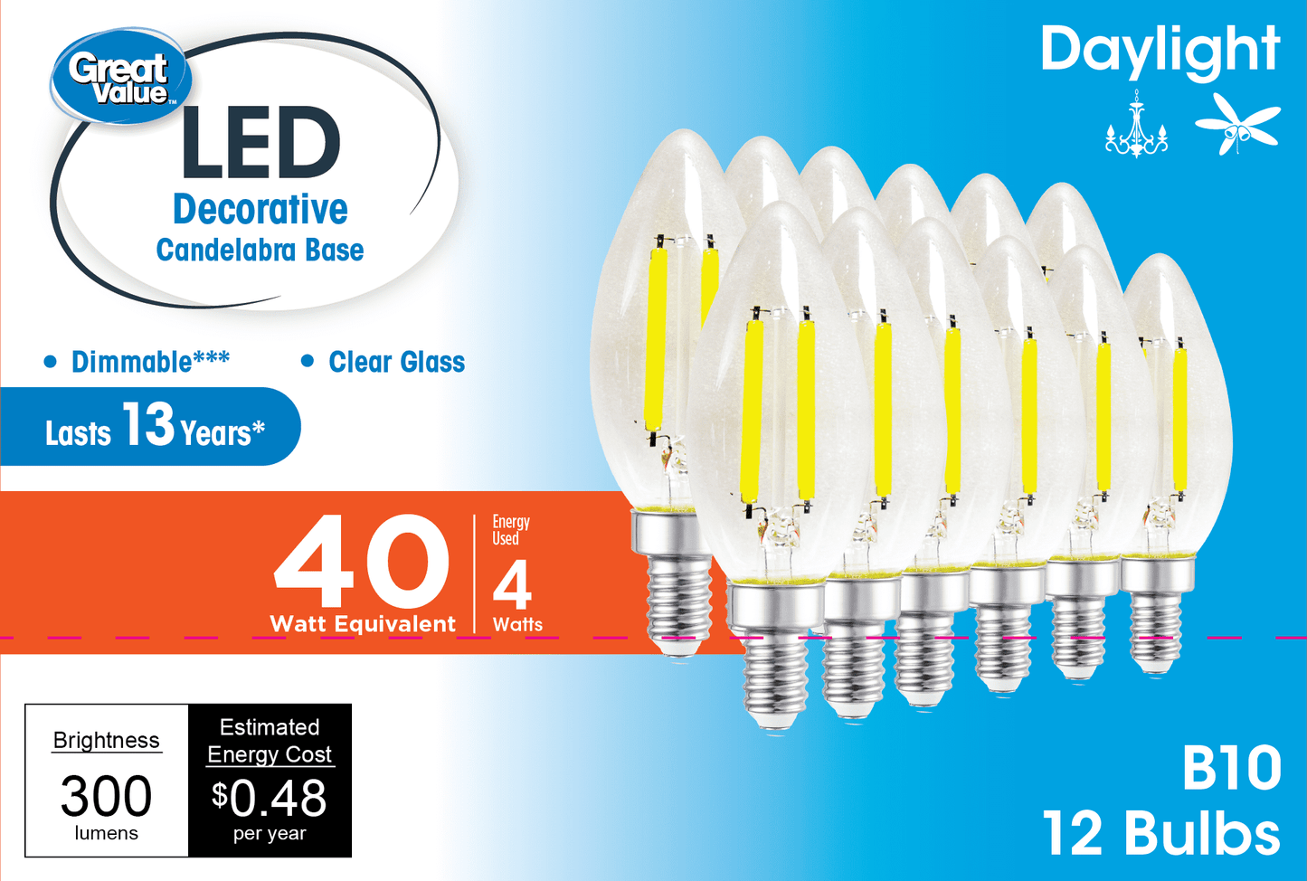 Great Value LED Light Bulb, 4W (40W Equivalent) B10 Deco Lamp E12 Candelabra Base, Dimmable, Daylight, 12-Pack