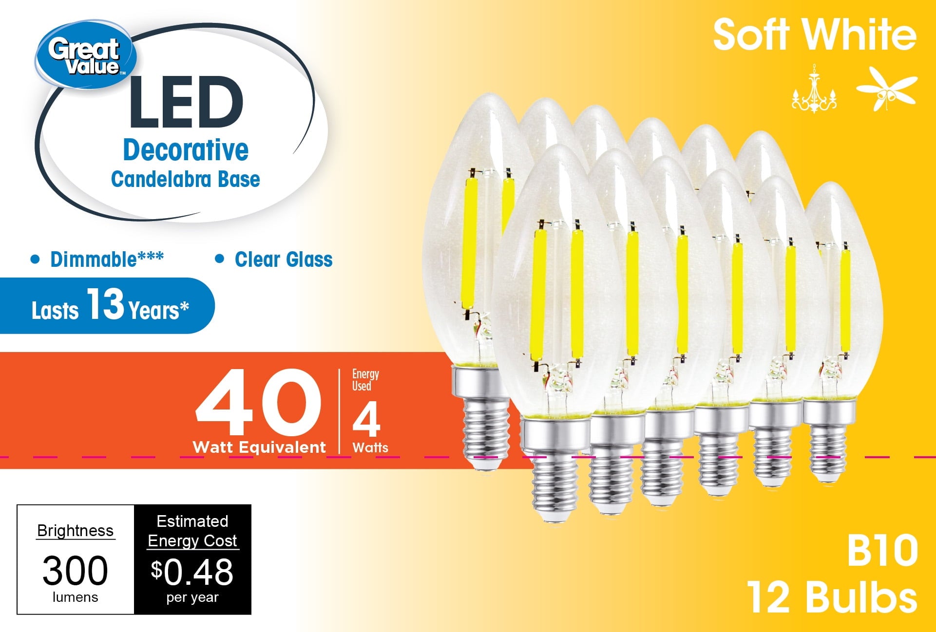 Great Value B10 LED 4W (40W Equivalent) Soft White Decorative E12 Candelabra Base Light Bulbs, Dimmable, 12 Pack
